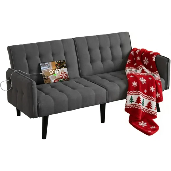 65" Futon Sofa Bed, Modern Mid Century, Dark Grey
