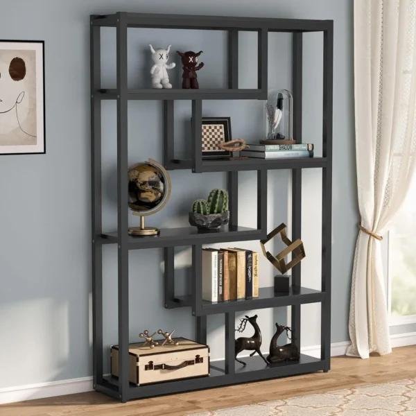 6-Shelf Modern Bookshelf, 69 Inch Tall Storage Display Staggered Shelves